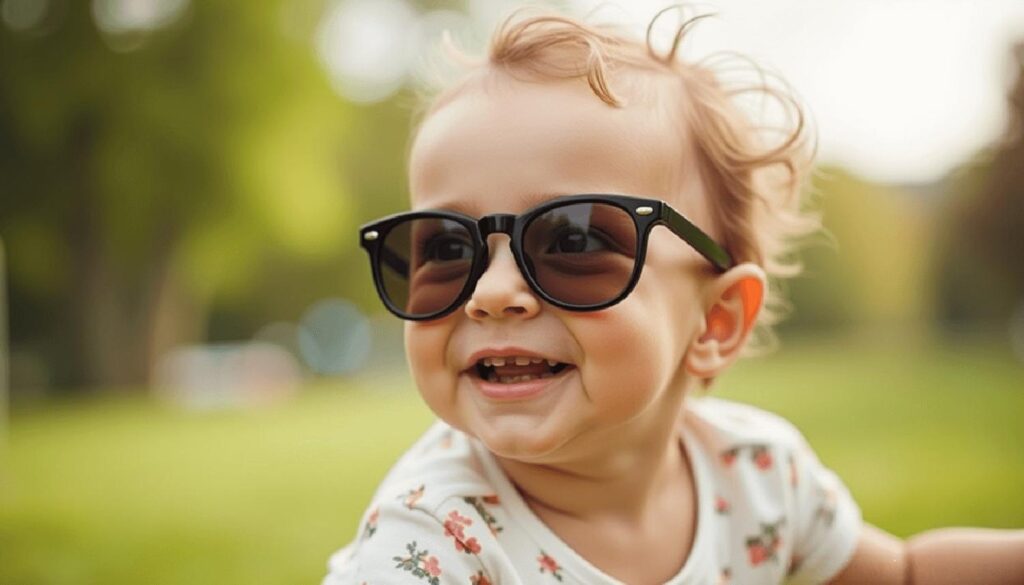 Bambino con occhiali da sole per proteggre gli occhi dal sole